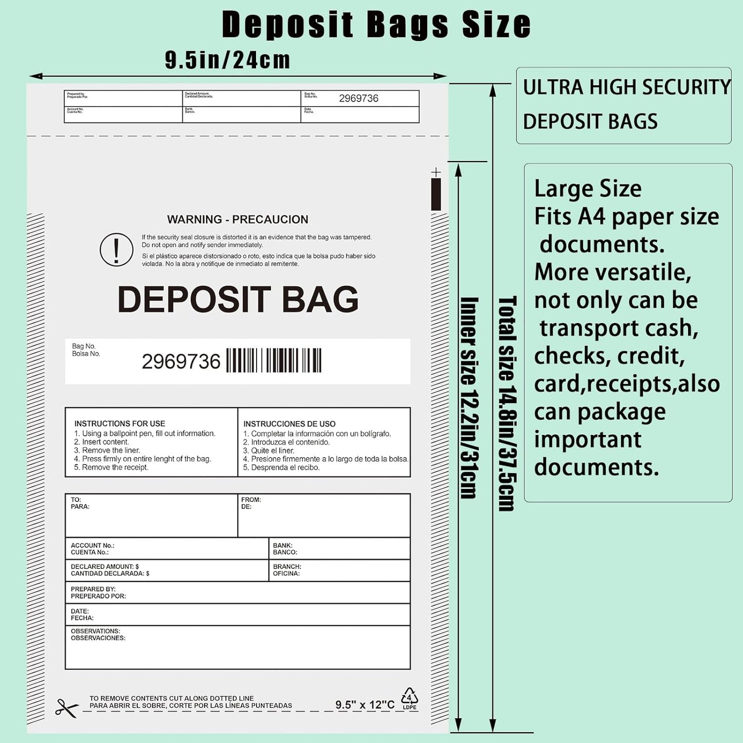 Plastic Deposit Bags 30 Pack 9.5''x 15'', Opaque Security Bank Deposits,Cash register,Money bag for Cash,Bank Pocket,Tamper-Evident,Unique Barcode