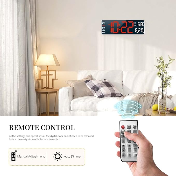 Digital Clock, Digital Wall Clock for Living Room Decor, Desk Alarm Clock for Bedroom, Large Wall Clock with Remote Control, Automatic Brightness Dimmer LED Clock with Date Temperature Week (Red-W)