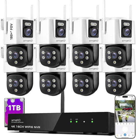 [2-in-1 CAM*8] XMARTO 16-View WiFi 6 Mesh Security Camera System Outdoor Wireless, 8X Dual-Lens CAM, 16CH 4K Long Range WiFi6 Surveillance NVR Kit, 4MP PTZ Home CCTV Set w. 1TB HDD, No Monthly Fee