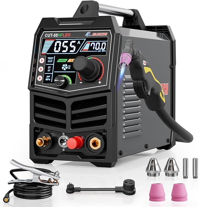 GZ GUOZHI Plasma Cutter 55Amp High Frequency Non-Touch Arc Digital Screen Display DC Inverter 110/220V Dual Voltage Blowback Plasma Cutting Machine CUT-55HFLED