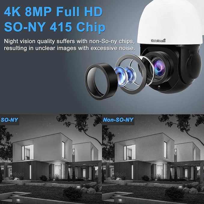 JideTech 200X Hybrid Zoom 4K 8MP Outdoor PTZ IP PoE Security Camera, Auto Tracking Dome Surveillance Camera, Human/Vehicle Detection, 492ft IR Night Vision, Two-Way Talk, IP66, for RTMP,Blue Iris
