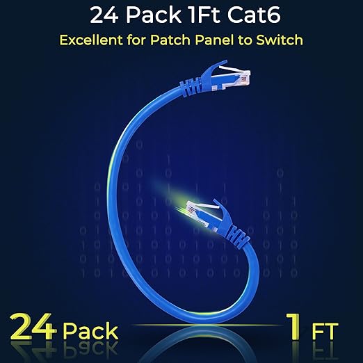 Rapink Patch Cables Cat6 1ft (24 Pack), Ethernet Patch Cable 10G, Cat 6 Patch Cable for Patch Panel to Switch, Flexiable Cat 6 Ethernet Cable with Gold Plated Blue