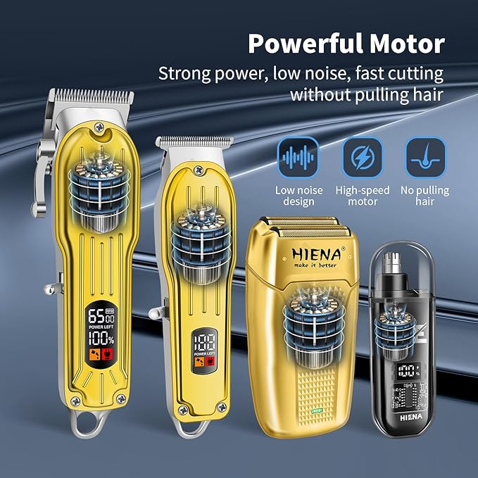 HIENA PRO Professional Hair Clipper Set, Rechargeable Cordless Barber Kit and Hair Cutting Set, Electric Foil Shavers and Beard Trimmers, Ear, Nose Hair Trimmer Set & Facial Grooming Tool (Gold)