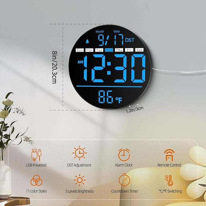 Digital Wall Clock, 8'' Round Digital Clock with Large Display, 11RGB Colors,Remote Control, Auto-Brightness,Temperature,DST,Night Light, Alarm, Count Down Timer for Classroom/Bedroom/Office