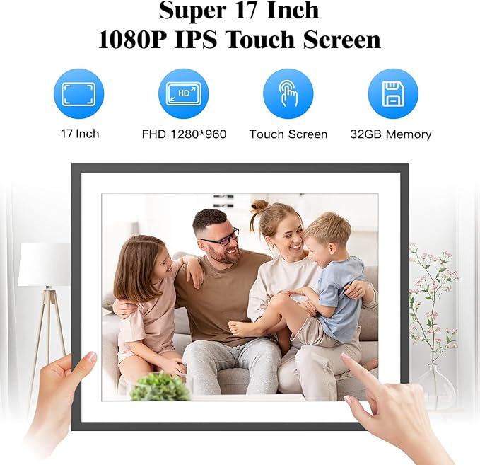 Large Digital Photo Frame 17-inch - Dual-Wifi Electronic Digital Photo Frames, 32GB Digital Photo Frame, Full Function, IPS Touch Screen, Share Photo via App Email, Free Cloud, Gift for Family Friends