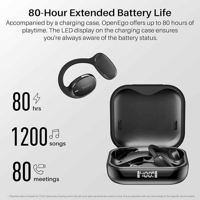 TOZO OpenEgo Open Ear Earbuds Bluetooth Headphones, AI Translation Wireless Earbuds with Real-Time 100+ LanguagesTranslation, 80Hrs Playtime, Digital Display, AI Clear Calls, Comfortable Wear, Black