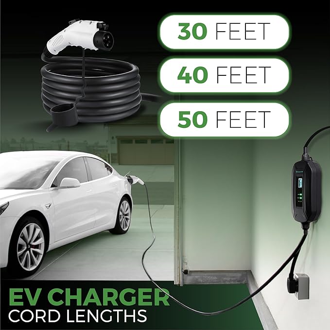 PRIMECOM Level 2 Electric Vehicle (EV) Charger (220V / 240Volt, 16Amp) Portable EVSE Smart Electric Car Charger, 30', 40', and 50 Feet Lengths (30 Feet, 14-50P)