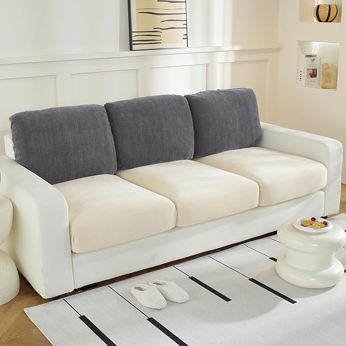 Large Backrest Cushion Covers Super Stretch Backrest Covers for 3 Cushion Couch Sofa, Couch Back Cushion Covers Featuring with Chenille Yarn (Softer Version, 3PC, Dark Grey)
