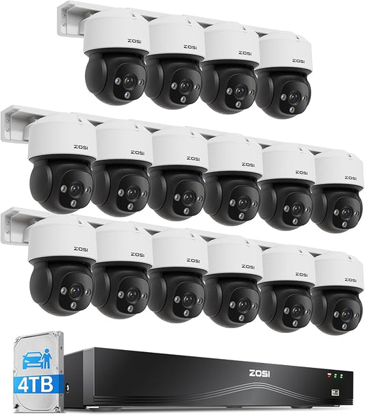 ZOSI C290 4K 16CH POE Security Camera System for 24/7 Recording, 16 x 8MP Wired PoE IP Cameras Outdoor, 360 View, AI Human/Vehicle/Face Detection, Two-Way Talk, Siren Alarm, Auto Tracking, 4TB HDD