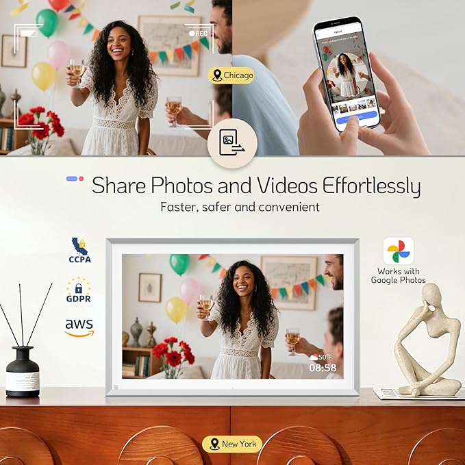 NexFoto 15.6" Touchscreen Digital Picture Frame, FHD WiFi Digital Photo Frame 64GB, Add Pics from Google Photos, Upload Videos via App/USB, Gifts for Christmas/Mom/Grandpartents, Silver