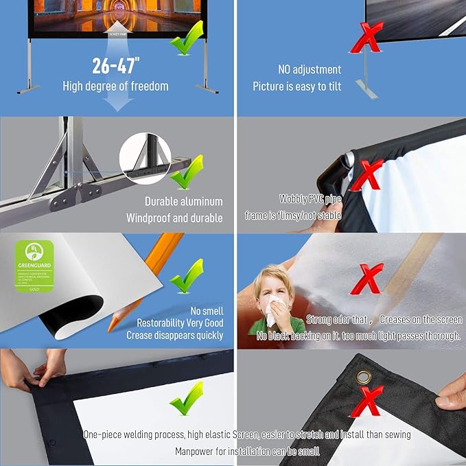 SCREENPRO 120inch Projector Screen with Stand, Fast Outdoor Movie Screen for Patio with Adjustable Leg(33"-51"),16:9 HD 4K Projector Screen for Yard Camping with Portable Carry Bag