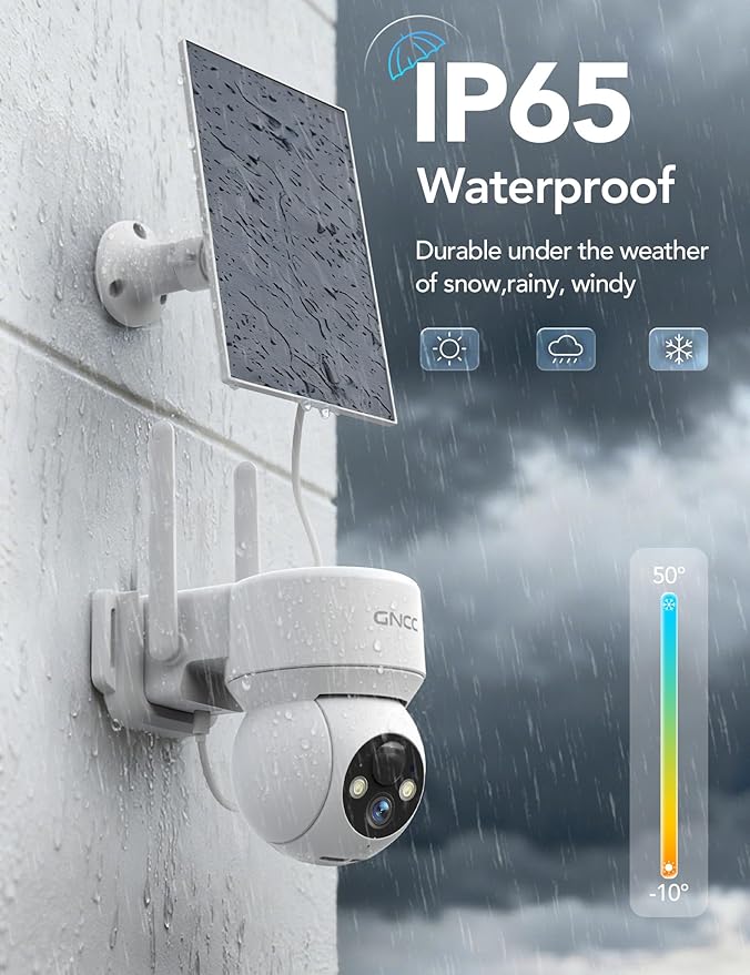 GNCC Solar Security Camera Wireless Outdoor 2.4G WiFi, 360° View, Solar/Battery Powered, AI Human Detection, Color Night Vision, 2-Way Audio, Spotlight Siren Alarm, IP65 Waterproof, SD/Cloud Storage