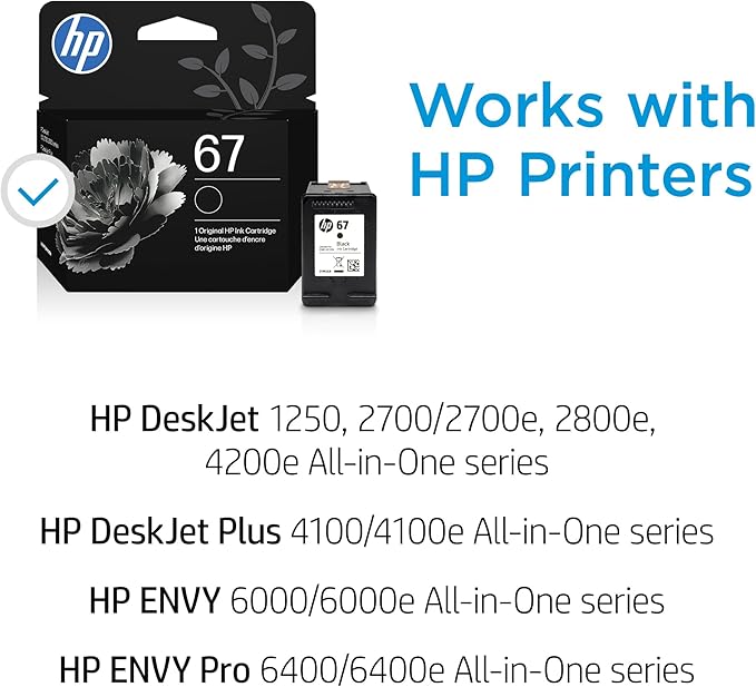 HP 67 Black Ink Cartridge | Works with DeskJet 1255, 2700, 4100 and Envy 6000, 6400 Series, Eligible for Instant Ink, 3YM56AN | Packaging May Vary