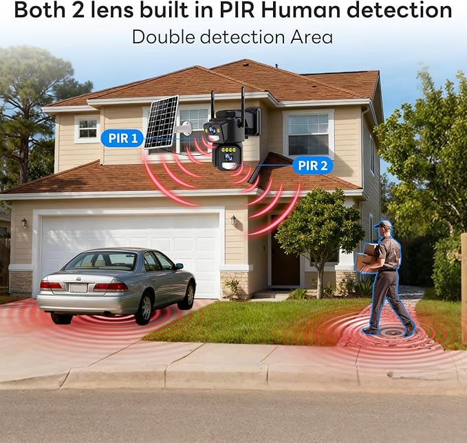 Dual Lens Security Cameras Wireless Outdoor，Solar Cameras for Home Security，Motion Detection,Night Vision,No Month Fee,IP65 Water Proof