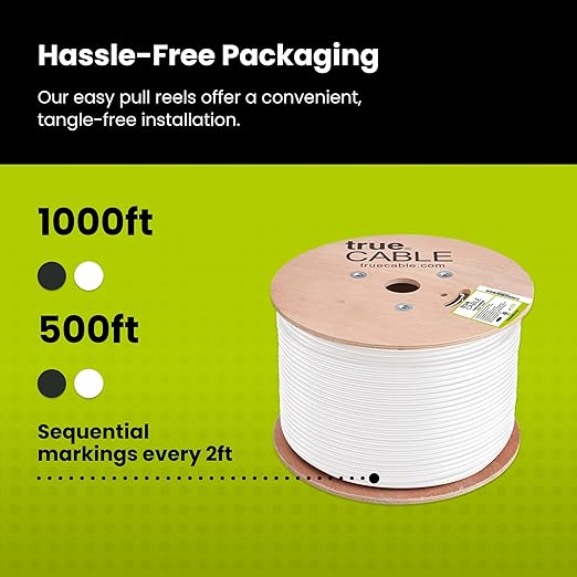 trueCABLE Cat5e Outdoor, Unshielded UTP, 1000ft, UV Resistant, CMX Rated, White, 24AWG Solid Bare Copper, 350MHz, PoE++ (4PPoE), ETL Listed, Bulk Ethernet Cable