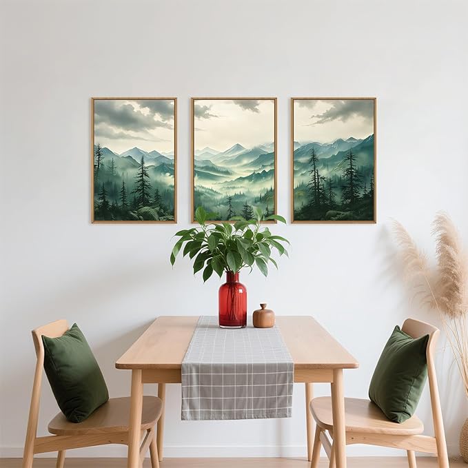 Celestdeco Green Foggy Mountain Framed Canvas Wall Art Set, Misty Forest Wall Decor, Watercolor Pine Tree Wall Painting, Large Nature Landscape Art Print for Living Room, Bedroom, Office - 24"X36"X3