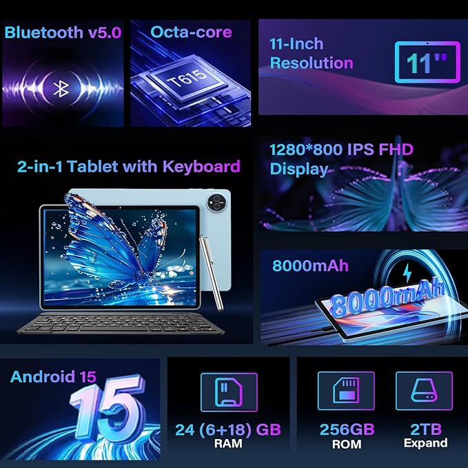 11 Inch Tablet Android 15 Tablet, 2026 Tablets with keyboard, 24GB+256GB+2TB Expand, 2 in 1 Tablets with Case Mouse Stylus, 8000mAh Battery, Octa-Core, Supports Widevine L1, 5G WiFi, GPS (Green Case)