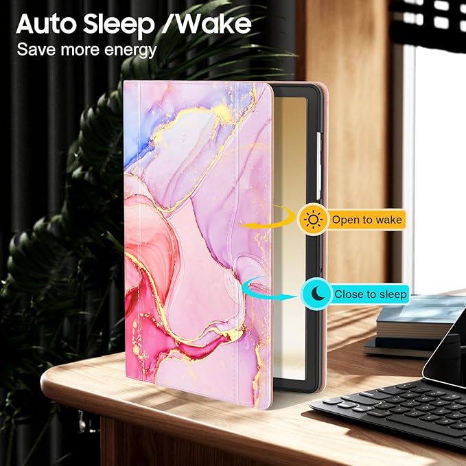 OKP Case for Samsug Galaxy Tab A9+ Plus 11 inch 2024(SM-X210/X216/X218), PU Leather Folio Cover with Multi-Angle Stand//Pen Holder, Auto Wake/Sleep Case for Galaxy A9+ 11" Tablet (Marble Pink)