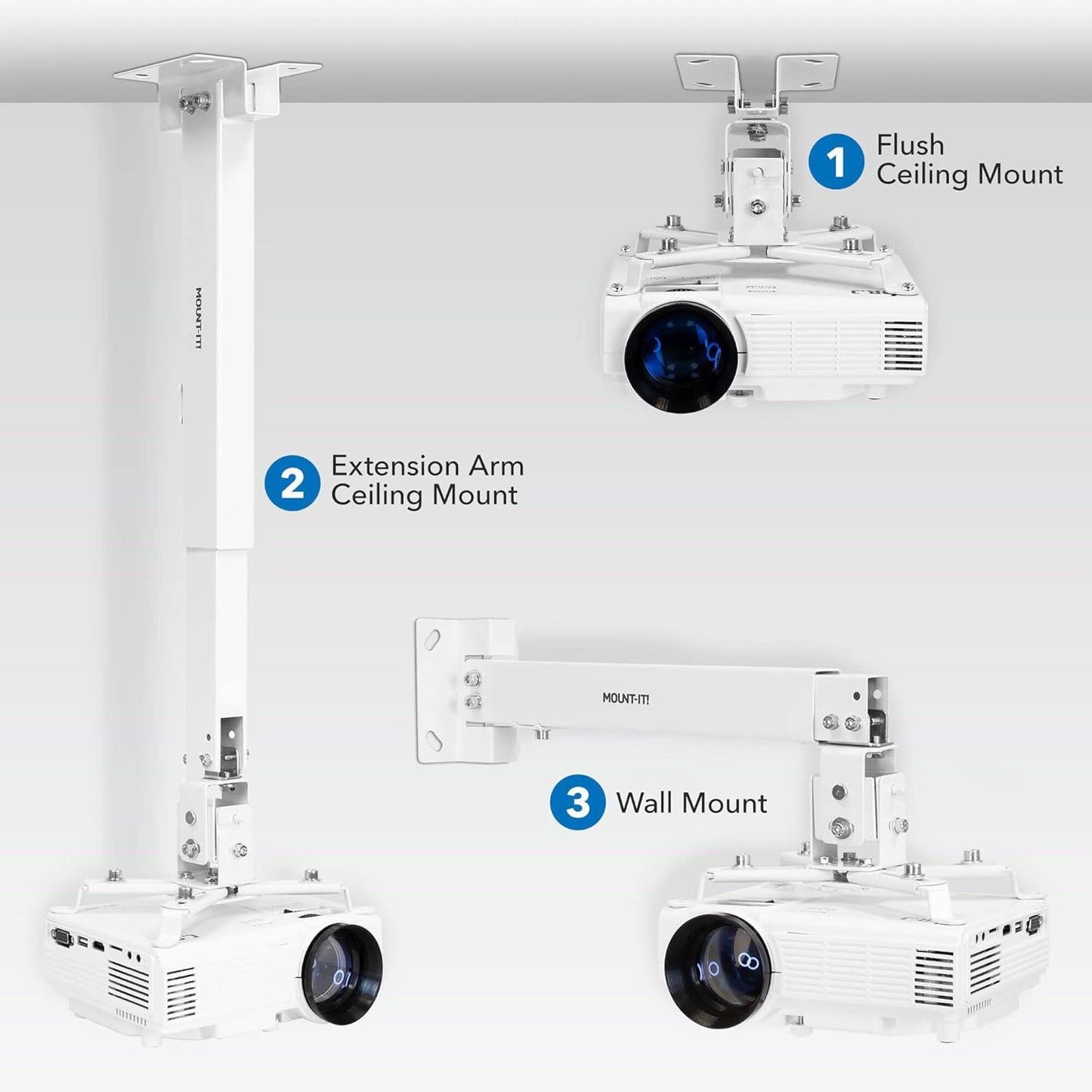Mount-It! Wall or Ceiling Projector Mount with Universal LCD/DLP Mounting for Epson, Optoma, Benq, ViewSonic Projectors, 44lb Load Capacity, White