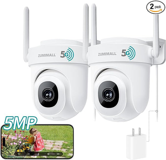 ZUMIMALL 5MP Outdoor Camera 2-Pack - 24/7 Recording Wired Power, Support 5GHz WiFi | Motion & Noise Detection, 360° PTZ Auto Tracking, Color Night Vision | IP66, Alexa Google Compatible