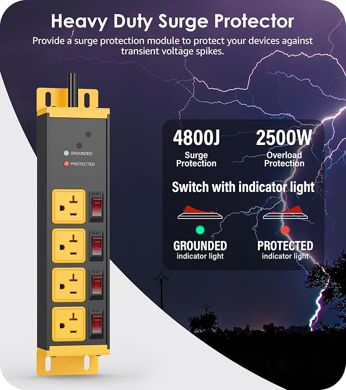 CCCEI Heavy Duty Surge Protector Power Strip 20 Amp Individual Switches. 6FT 12 Gauge Extension Cord with Multiple Outlets. Kitchen, Garage, Shop, Industrial Wall Mount Electric Extender, Yellow.