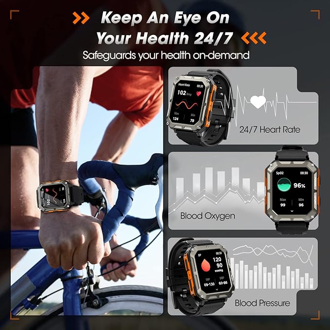 Military Smart Watch for Men with Blood Pressure (Answer/Make Call), Rugged Tactical Smartwatch for Android and iPhone, 10 ATM Waterproof Outdoor Sports Fitness Tracker with Heart Rate, Sleep Monitor