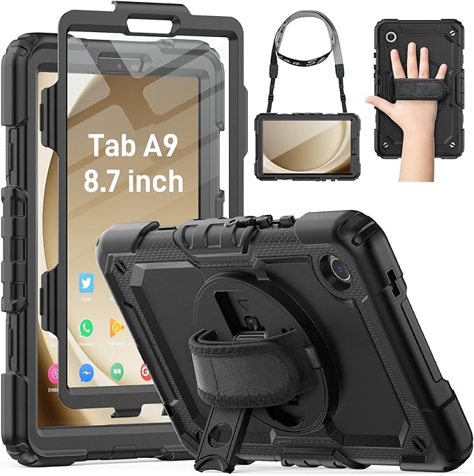 HXCASEAC Case for Samsung Galaxy Tab A9 8.7 Inch, Protective with Screen Protector/Hand Strap/Pen Holder, Sturdy Shockproof for Samsung A9 Tablet Case SM-X110 SM-X115 SM-X117 - Black