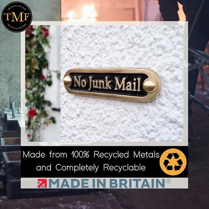 No Junk Mail Metal Brass Door Sign. Traditional Style Home Décor Wall Plaque Handmade By The Metal Foundry UK.