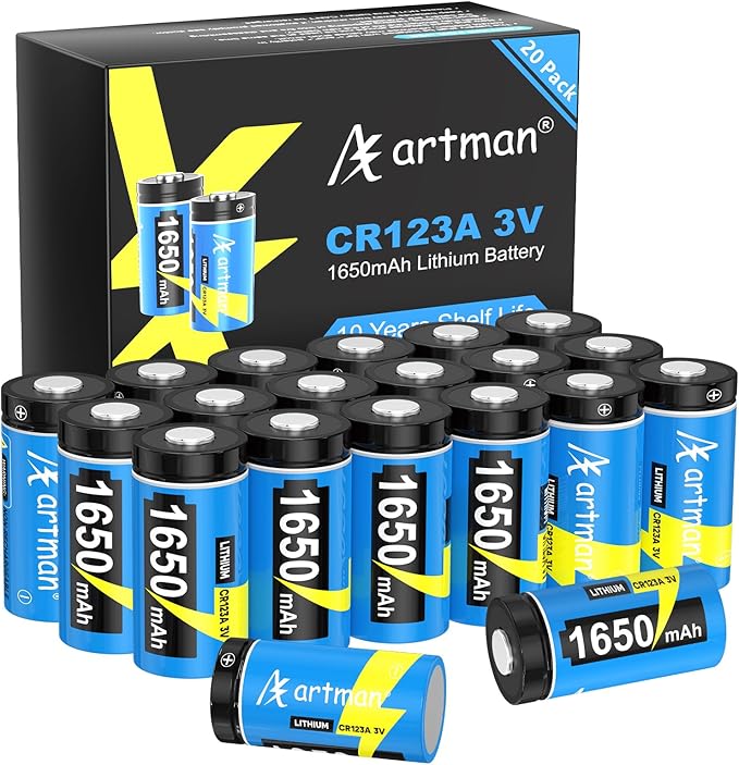 Artman CR123A 3V Lithium Battery, (20 Pack) 1650mAh 123A Lithium Batteries, CR123 CR17345 Battery for Home Security Devices, Flashlight - 10 Years Shelf Life, Non-Rechargeable