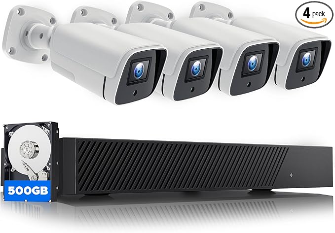 5MP PoE Security Camera System, 8CH 4K NVR with 500GB, 4pcs Wired IP Outdoor Cameras for Home CCTV Surveillance Wired System, IR Night Vision, Motion Detection, 2-Way Audio, IP66, 24/7 Local Recording