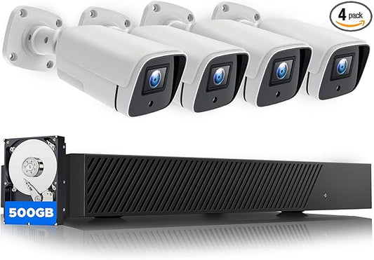 5MP PoE Security Camera System, 8CH 4K NVR with 500GB, 4pcs Wired IP Outdoor Cameras for Home CCTV Surveillance Wired System, IR Night Vision, Motion Detection, 2-Way Audio, IP66, 24/7 Local Recording