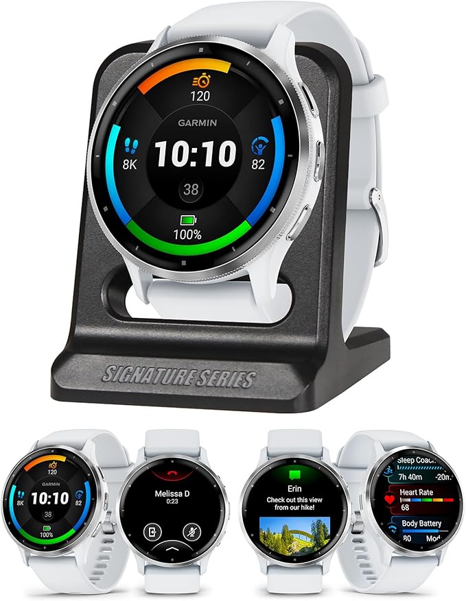 Garmin Venu 3 Running GPS Smartwatch with AMOLED Display, Advanced Health, Fitness Features, Up to 14 Day Battery Life with Signature Series Modern Power Stand | Silver with Whitestone Silicone Band