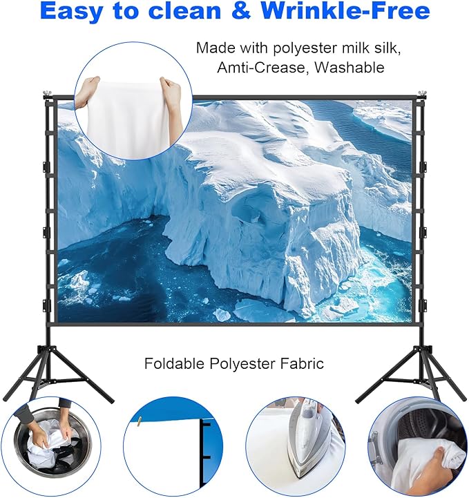 Outdoor Projector Screen with Stand, 150 inch Portable Projection Screen Wrinkle-Free 16:9 4K HD Rear Front Movie Screen with Carry Bag for Indoor Home Theater, Camping and Backyard Entertainment