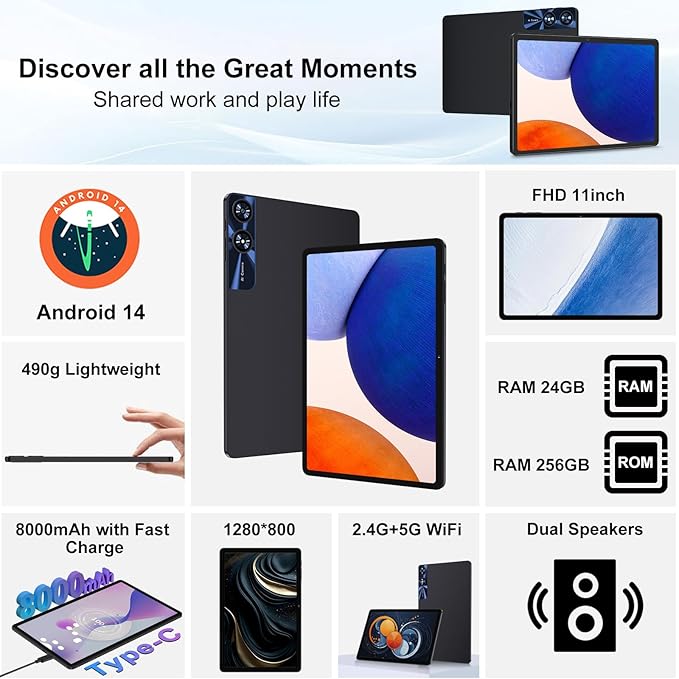 Tablet 11 inch Android 14 Tablets, 24GB+256GB+1TB Expand, Android Tablet with 8000mAh, Octa-Core, 13MP+5MP Camera, IPS Touchscreen, 5G WiFi, BT5.0, Widevine L1, GPS - Metal Black