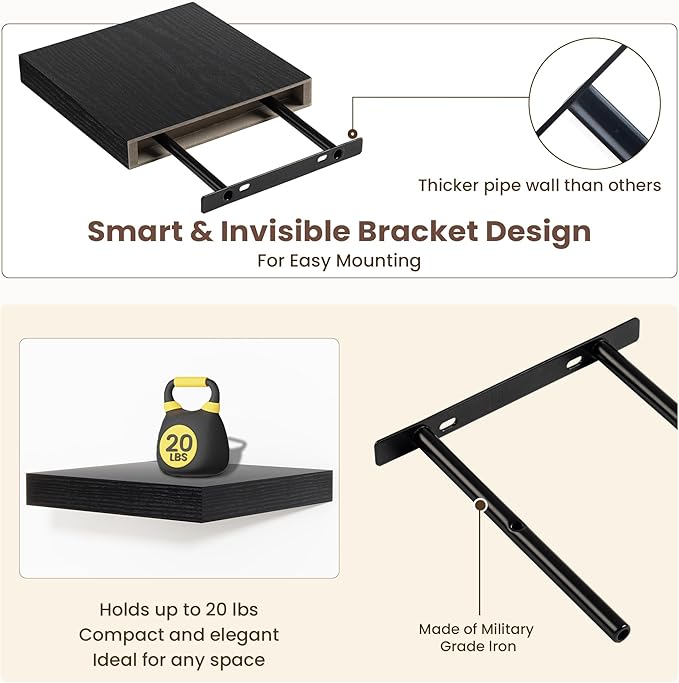 Fun Memories Floating Shelves for Wall - 7.5 Inch Square Shelves with Invisible Brackets, Black Small Wall Shelf for Living Room, Bathroom, Bedroom, and Kitchen Decor，Set of 4