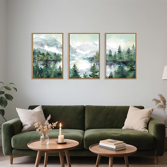 Watercolor Mountain Framed Canvas Wall Art Set, Boho Forest Wall Decor, Nature Green Pines Wall Painting, Forest Wilderness Artwork for Living Room, Bedroom, Dining Room, Office - 16"x24"x3