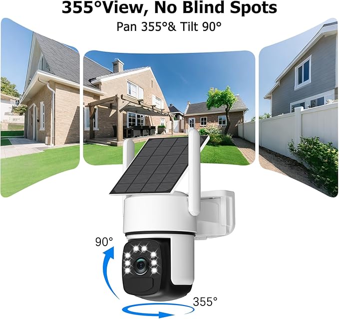 Solar Security Cameras Wireless Outdoor, 4 Cam-Kit, 4MP Home Security System with Color Night Vision, 2.4G & 5G WiFi, 360° Pan & Tilt, 64GB Local Storage, No Subscription, Motion Detection, Spotlight
