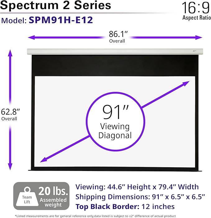 Elite Screens Spectrum2, 91-inch 16:9, 12-inch Drop, Electric Motorized Drop Down Projection Projector Screen, SPM91H-E12