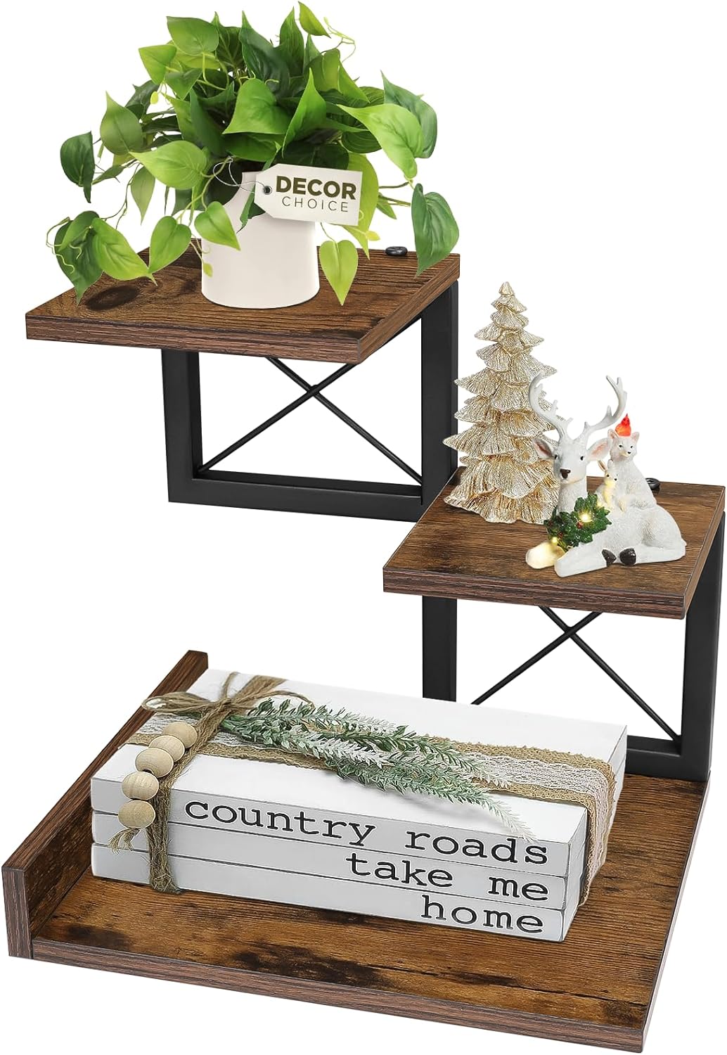 ELITEROO Desk Shelf Organizer, Wood Desktop Organizer Small Bookshelf, 3 Tier Storage Shelf Riser Display Stand for Office Decor and Desk Accessories, Rustic Brown Black
