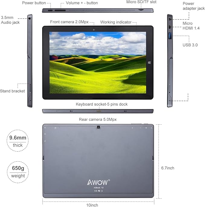 AWOW 10.1" 2-in-1 Windows Tablet with Keyboard, Intel N100 Processor, 12GB DDR5 RAM, 256GB Storage, Detachable Touchscreen Laptop, Windows 11, Dual-Band WiFi, Bluetooth, USB 3.0, HDMI, Dual Cameras