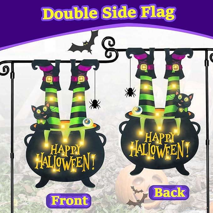 Halloween Lighted Garden Flag for Outside, Witch Feet Shape Flag Yard Decor, 8 Modes Double Sided Cauldron Eyeball Black Cat Outdoor Hlloween Decorations for Home Porch (Warm White-28x40)