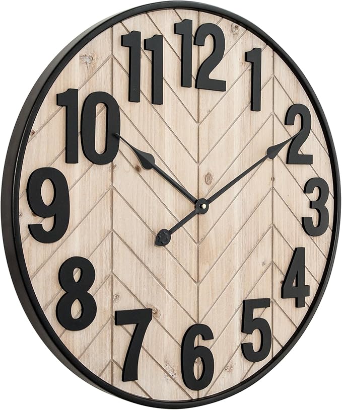 24 Inch Large Wall Clock for Living Room Decor, Rustic Wooden Farmhouse Wall Clock with Black Metal Frame, Battery Operated Non-Ticking Silent Wall Clocks for Home Decor (Brown)