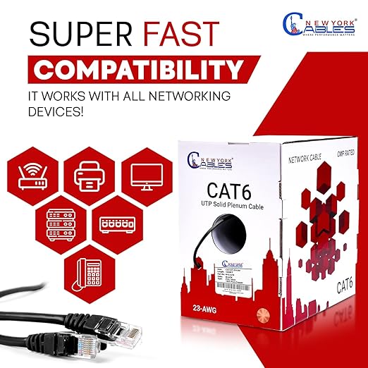 NewYork Cables CAT6 Plenum Cable 1000ft | 100% Pure Copper, UTP, 550MHz, 23AWG, 4Pair 10GB Ethernet Cable, Certified CMP-Rated Bulk Cat 6 for Networking & Gaming (1000ft, Pure Copper,Black)