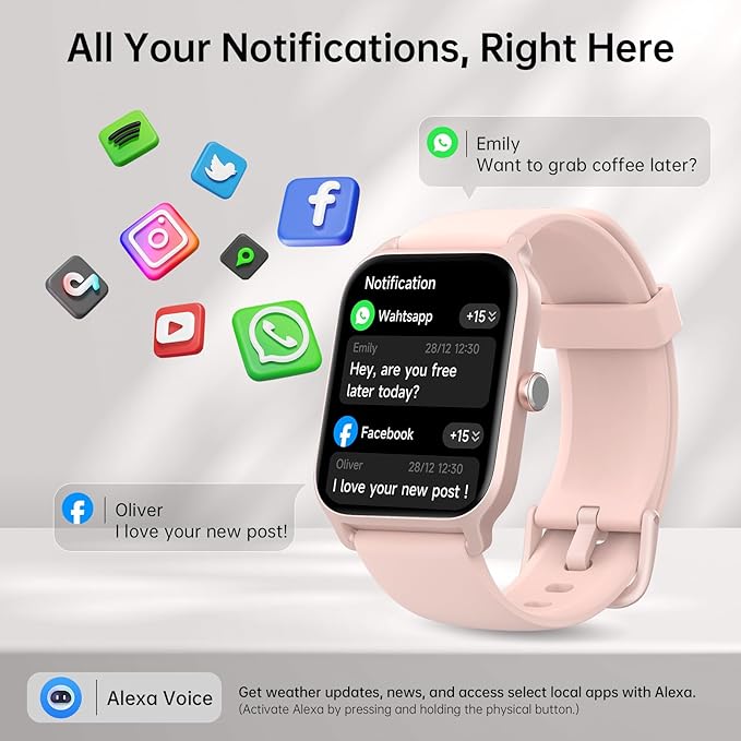 Smart Watches for Women with Alexa & Bluetooth Call,1.85" HD Screen Fitness Tracker,30-Day Battery, Heart Rate/Sleep/SpO2 Monitor,100+ Sports Modes,2ATM Waterproof Smartwatch for Android iPhone(Pink)