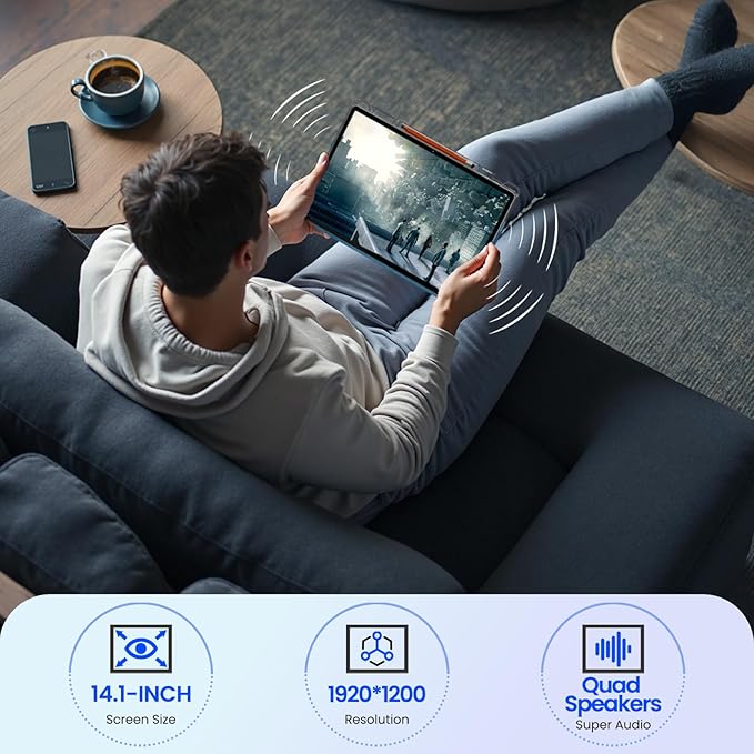 14 inch Large Screen Tablet, Android 15 Tablet 16GB RAM 256GB ROM, 1920 * 1200 IPS FHD Display, Widevine L1, 10000mAh 18W Charging, Wi-Fi & Bluetooth, 4G LTE, with Stand Case & Stylus