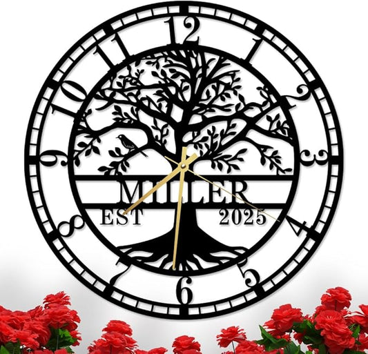 Personalized Tree of Life Large Wall Clock, Custom Wall Clock with Family Last Name and Established Date, Silent Metal Clocks, Regular Numerals Clock, Housewarming Gift