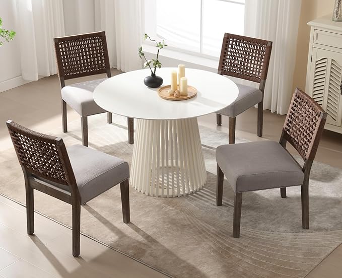 Kmax Farmhouse Dining Chairs Set of 6, Rustic Kitchen Chairs with Linen Fabric Seat and Woven Back, Vintage Accent Chairs for Dining Room, Living Room, Grey