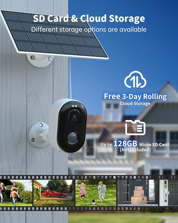 Security Cameras Wireless Outdoor, Solar Battery Powered 2k Color Night Vision, AI Motion Detection, IP66 Weatherproof, 2-Way Talk, SD/Cloud Storage, 2.4Ghz WiFi Cameras for Home Security (1 Pack)