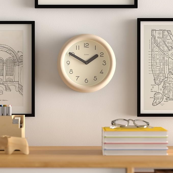 JONES CLOCKS® Fuze Wall Clock | Small Round Clock | Beige | Playful Modern Design with Soft sculptural Presence | Ideal for Kitchens Living Rooms Kid's bedrooms