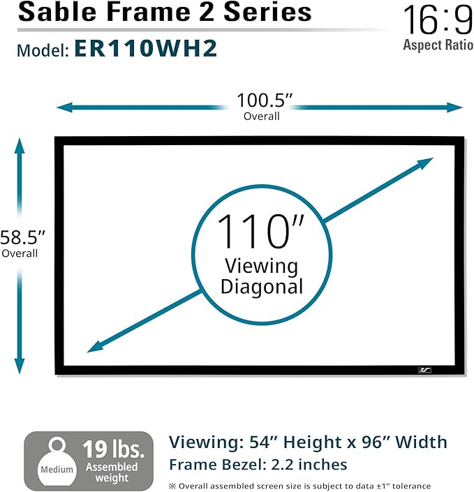 Elite Screens Sable Frame 2, 110-Inch Fixed Frame Projector Screen, 16:9 8K/4K Ultra HD & Active 3D Ready, ISF-Certified Material, Ideal for Home Theater, Office, and Indoor Presentations, ER110WH2
